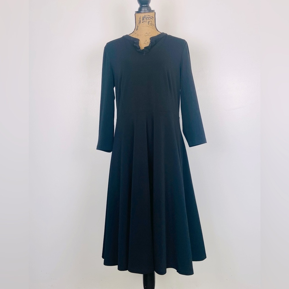 Talbots 3/4 Sleeves Midi Dress Size L Black Stretch Soft Knit Fit & Flare Carrer
